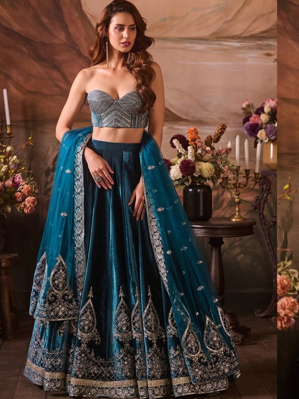 Blue Embroidered Velvet Corset Style Lehenga